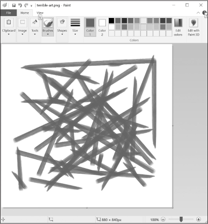 A Microsoft Paint window featuring many overlapping brushstrokes.
