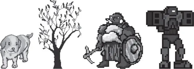 Four pixel art sprites side by side: a puppy, a blossoming tree, an armored figure holding a pickaxe and a shield, and a robot.