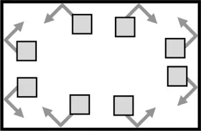 A rectangular window with gray squares along each edge. Thick arrows show each square arriving at a wall diagonally and bouncing off in the mirrored diagonal direction.