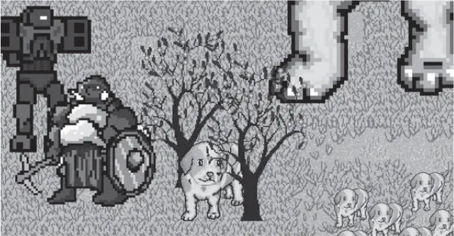 A pixel art game scene: an armored figure and a robot stand on grassy ground beside two trees, with a large puppy in the foreground, three smaller puppies at the right, and clouds along the top.