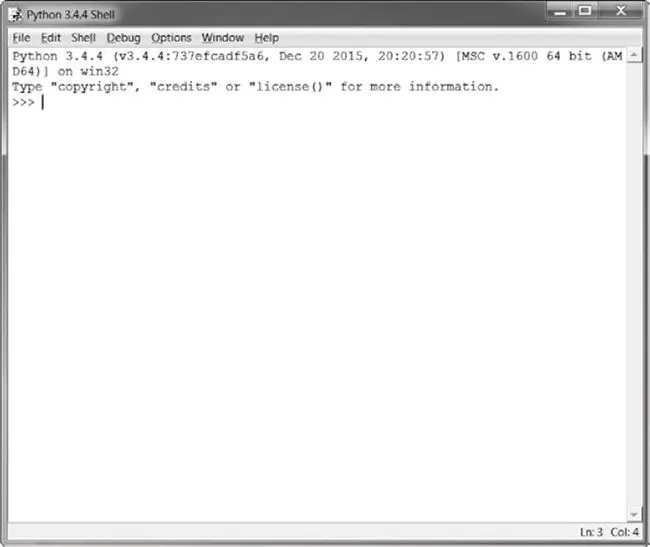 The IDLE interactive shell window, titled Python 3.4.4 Shell, showing the version banner and a blinking cursor at the >>> prompt.
