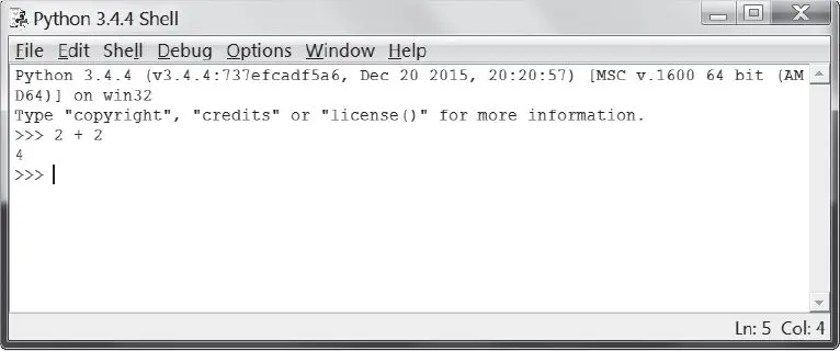 The IDLE interactive shell after 2 + 2 has been entered at the >>> prompt. The shell responds with 4 on the next line.