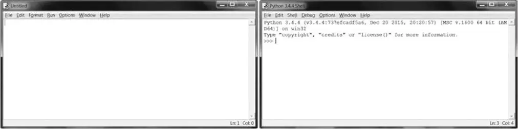 Two IDLE windows side by side: the blank file editor window titled Untitled on the left, and the Python 3.4.4 Shell on the right.