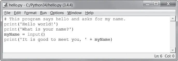 The IDLE file editor with hello.py open, showing the comment line and the four lines of the Hello World program, with comments, strings, and function names in different colors.
