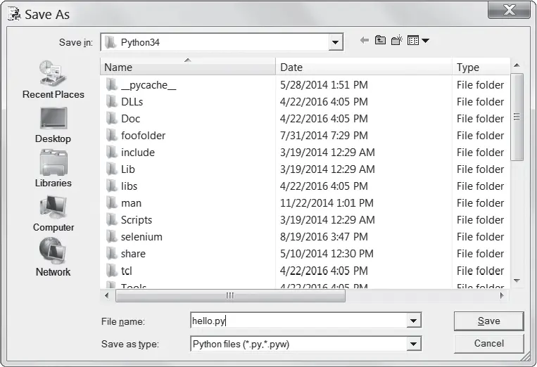 The Save As dialog box with the Python34 folder selected, hello.py typed into the File name field, and the Save button at the lower right.