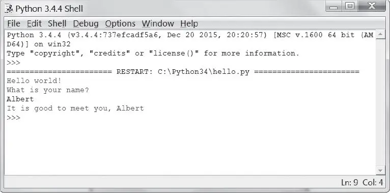 The interactive shell after running hello.py. It prints Hello world!, asks What is your name?, the user types Albert, and the program prints It is good to meet you, Albert.