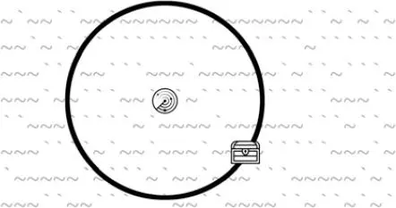 An ocean map with a sonar device at the center of a large circle. A treasure chest sits on the edge of the circle, showing that the chest could be anywhere along the ring.