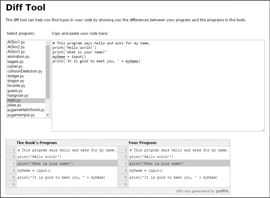 The web-based Diff Tool page: a list of program names with hello.py selected, a text box holding the pasted code, and a side-by-side comparison of the book's program and your program with the differing line highlighted.