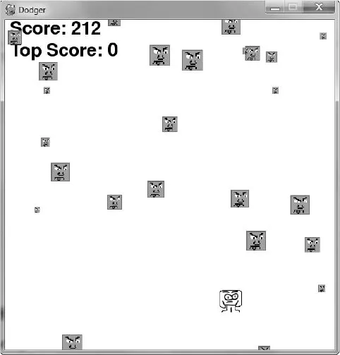 A screenshot of the Dodger game window. The player's smiling square avatar sits near the bottom, many scowling enemy squares fall around it, and Score: 212 and Top Score: 0 appear in the upper left.