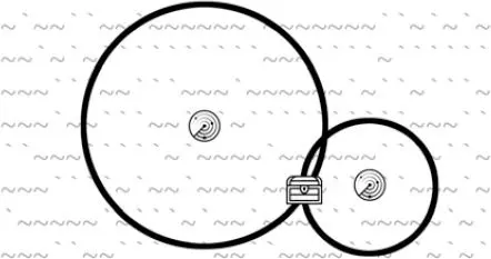 An ocean map with two sonar devices, each at the center of its own circle. The two circles touch at a single point, and a treasure chest sits there.