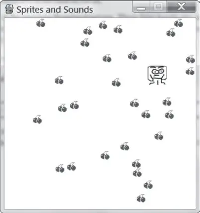 A screenshot of the Sprites and Sounds game window: a square player sprite with a face, surrounded by many cherry sprites scattered across a white background.