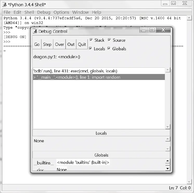The Debug Control window sitting on top of the Python shell. The stack pane shows dragon.py stopped at line 1, import random, and the Globals pane lists the built-in names.