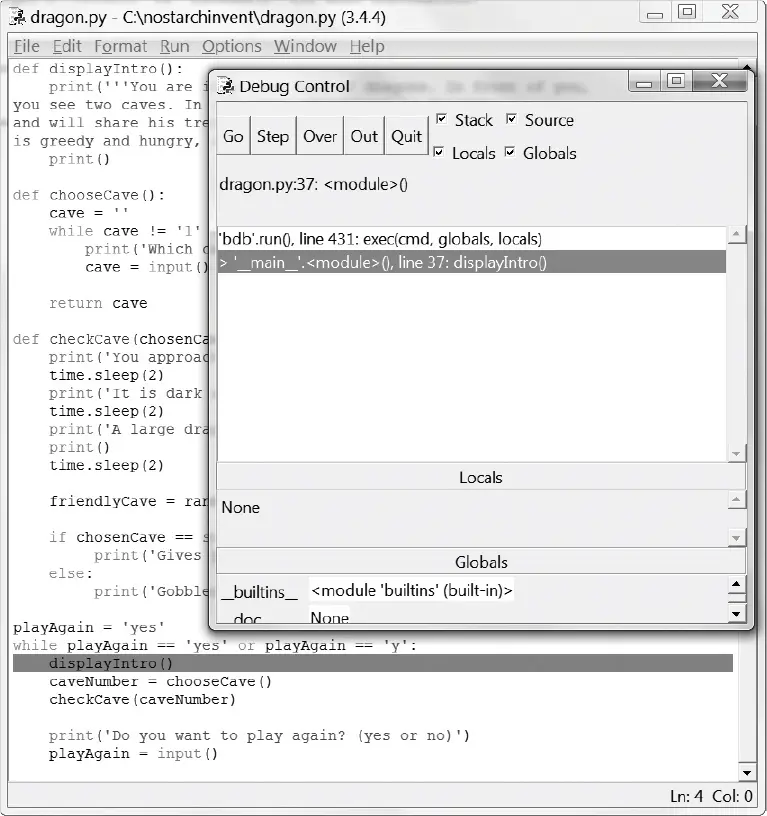 The Debug Control window sitting on top of the dragon.py file editor. The debugger is stopped at line 37, and the file editor highlights the displayIntro() call on that line.
