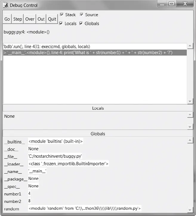 The Debug Control window stopped on line 4 of buggy.py. The Globals pane lists number1 set to 4 and number2 set to 8.