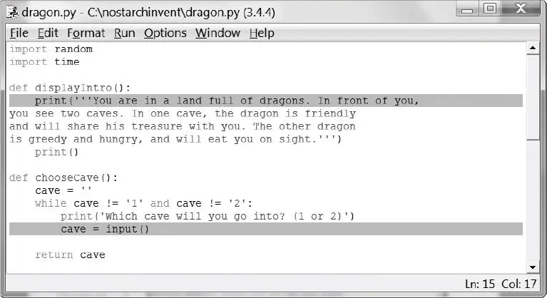 The dragon.py file editor with two lines highlighted to mark breakpoints: the print call inside displayIntro() and the cave = input() line inside chooseCave().