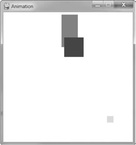 A screenshot of the Animation program: a square window with three gray boxes of different sizes and shades bouncing around inside it.