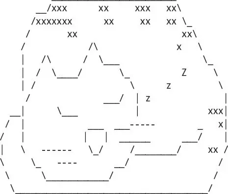 A sleeping cat drawn in ASCII art out of slashes, underscores, and letters, with Zs floating above its head.