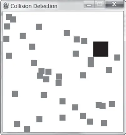 A screenshot of the Collision Detection program: a window scattered with small gray squares and one larger black square near the top right.
