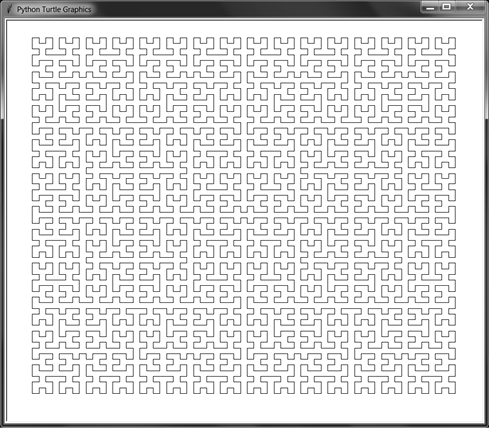 Turtle graphics screenshot. The entire window is covered in a Hilbert curve.