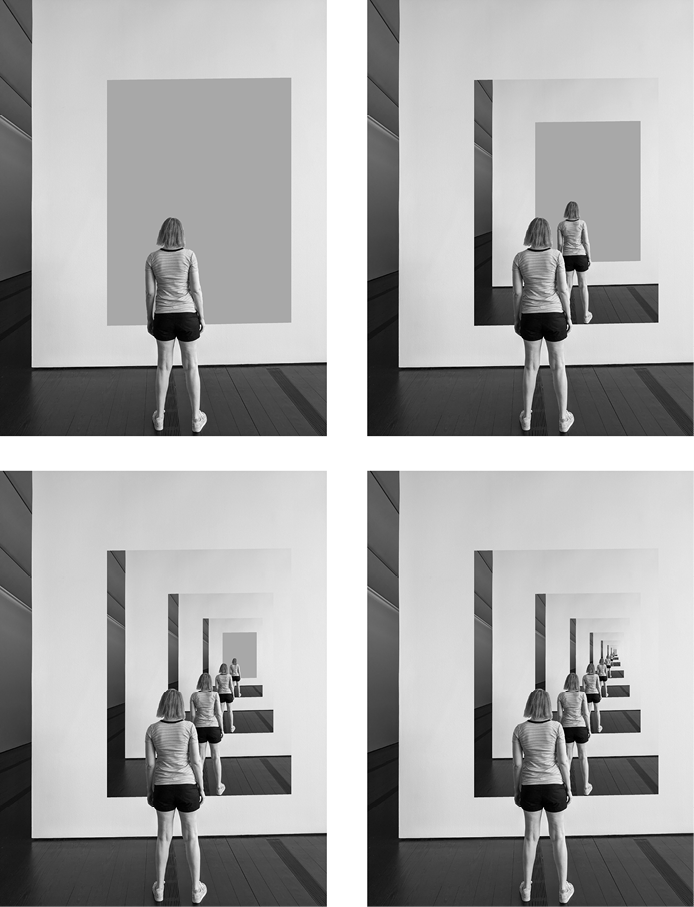 Four images of a girl, seen from behind, looking at a work of art. In the first image, the work of art is covered by a monochrome rectangle. In the second image, the monochrome rectangle has been replaced by a resized version of the original image of the girl. In the third and fourth images, the monochrome rectangles have once again been replaced, creating the effect that the girl is looking at herself looking at herself.
