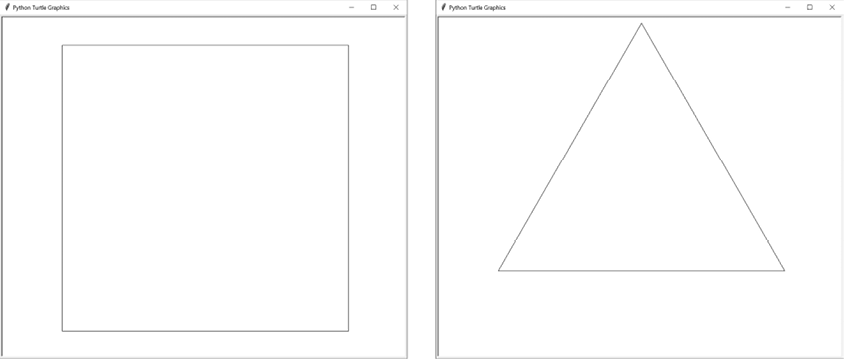 Two turtle graphics screenshots, one showing a square and the other showing the outline of an equilateral triangle.