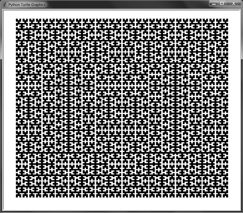 Turtle graphics screenshot of the same Hilbert curve drawing, this time with the black and white portions reversed.
