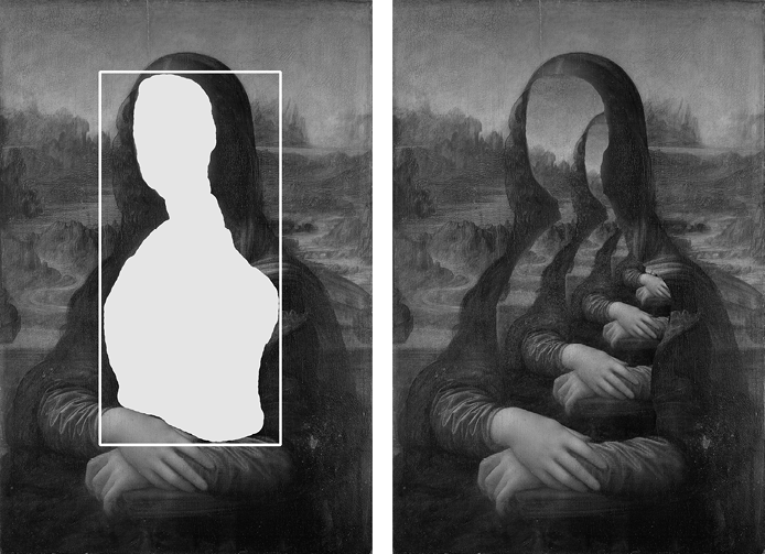 Two images of the Mona Lisa. In the first, the woman’s face and torso have been replaced with a monochrome shape, and a white rectangle indicates the boundaries of that shape. In the second image, the monochrome area has been replaced by progressively smaller versions of the original image.