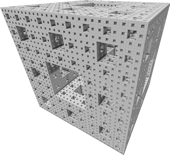 Image of a cube viewed at an angle. The visible sides of the cube have squares cut out of them in the pattern of a Sierpiński carpet.