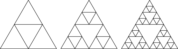 Graphic depicting three triangles. The first triangle has a smaller upside-down triangle in the center that divides the original into smaller triangles. The next triangle shows those three smaller outer triangles, each divided into still smaller triangles. The third triangle shows those smaller triangles further divided into triangles.