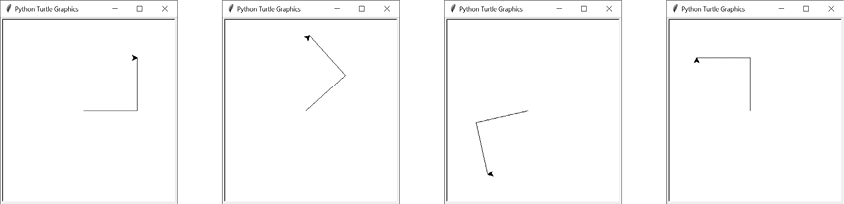Four turtle graphics screenshots of the same two perpendicular lines, each time rotated a different way.