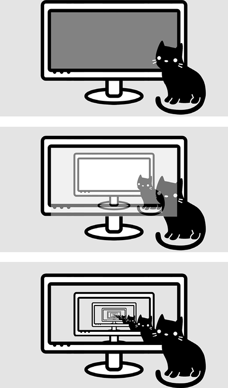Four images of a cat sitting in front of a computer monitor. In the first, the computer monitor’s screen is covered in a monochrome shade. In the second, the monochrome area has been replaced by a smaller version of the original image, but this version is transparent, making visible the places where it overlaps with the non-monochrome portions of the larger image. The third image is the completed recursive image.