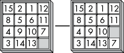Two tile puzzles. The tiles are positioned identically save for one, which has been slid downward in the second puzzle.