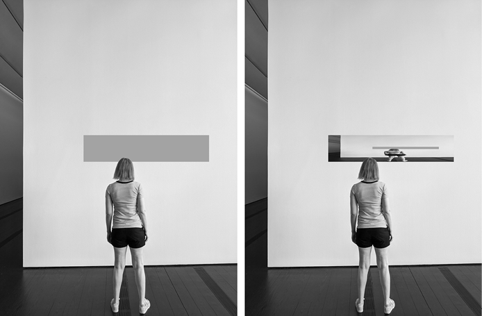 Version of the recursive image of the girl looking at herself in which subsequent appearances of the girl appear distorted.