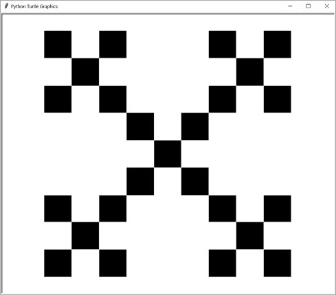 Turtle graphics screenshot. Shows 25 black squares arranged so that they form five larger squares: one square in each corner and one square in the center. These five larger squares are arranged to form one even larger square.