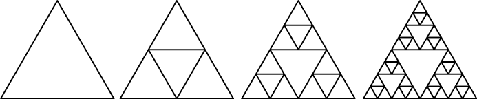 Graphic depicting four equilateral triangles. The second triangle has a smaller triangle in the center that breaks the shape into four smaller triangles. In the third triangle, each of the three outer triangles is broken into smaller triangles. the fourth triangle shows those smaller triangles further broken into even smaller triangles.