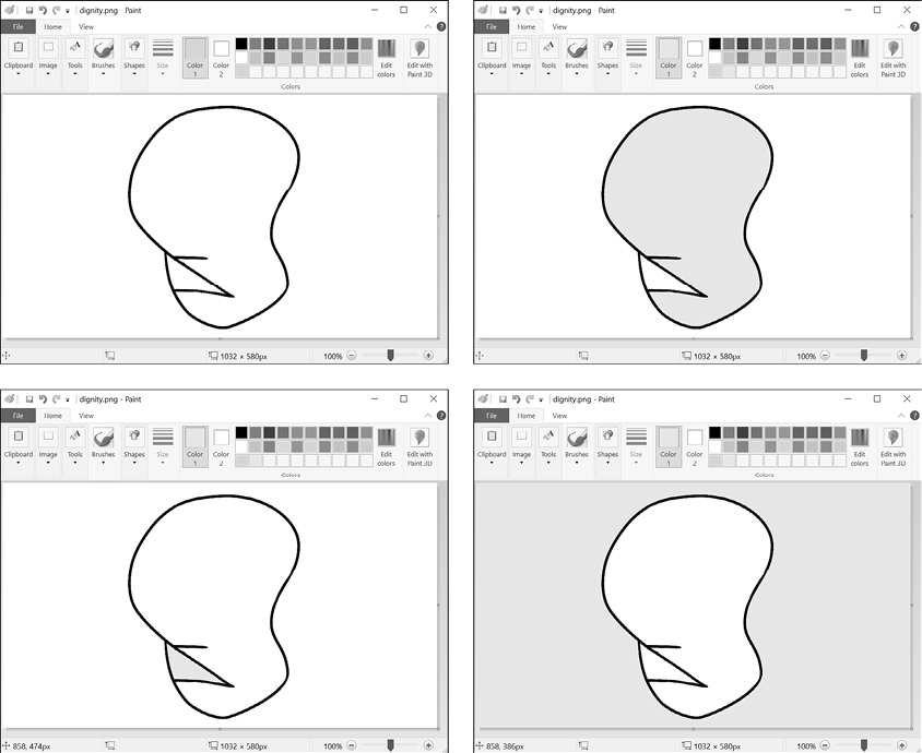 Four screenshots of MS Paint windows containing the same abstract, squiggly shape. Each screenshot shows a different closed portion of the drawing colored gray.