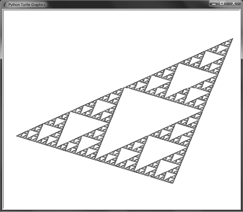 Screenshot of a Sierpiński triangle drawn using irregular triangles with the turtle module. The image looks like an equilateral Sierpiński viewed at an angle.