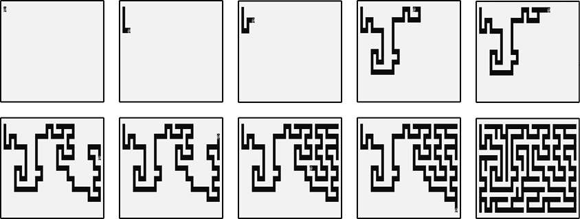 Diagram showing a maze being created one line at a time. The line backtracks every time it encounters a dead end. It eventually fills the entire screen.