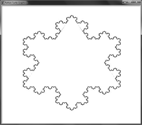 Turtle graphic screenshot of a snowflake created using many Koch bumps.