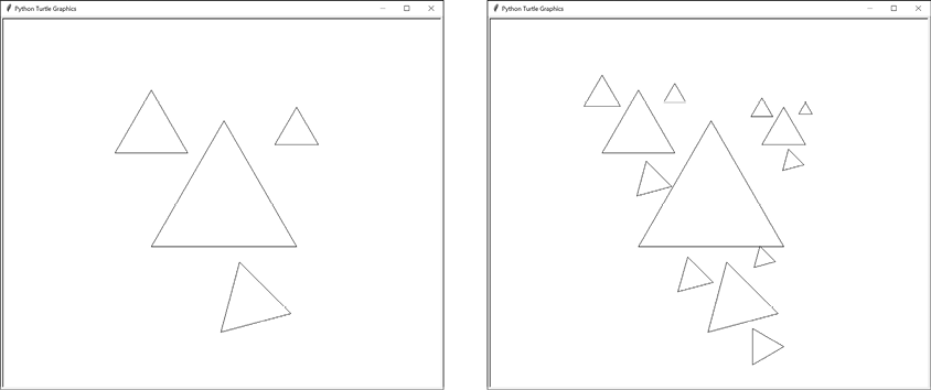 Two turtle graphics screenshots. The first shows the same four triangles shown in Figure 13-3. The second shows three smaller triangles clustered in the same pattern around each of the three new triangles.
