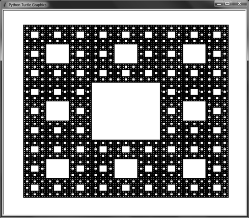 Screenshot of a black rectangle containing a pattern of white rectangles of various sizes. Drawn with the turtle module.