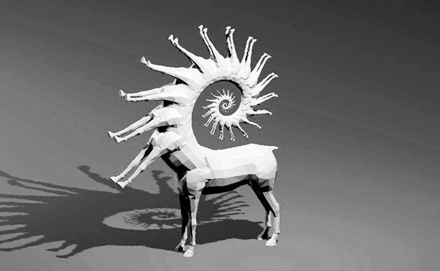 Image of a statue with a horse’s body whose front legs and torso repeat, decreasing in size, in a spiral pattern.