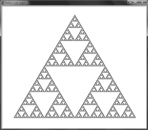 Screenshot of a Sierpiński triangle drawn in the turtle module.