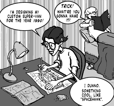 page 003: Peter draws at a desk under a gooseneck lamp while the blond boy reads on a bed behind him. Peter: “I’M DESIGNING MY CUSTOM SUPER-VAN FOR THE YEAR 1990!”; blond boy: “TRICK! WHAT’RE YOU GONNA NAME IT?”; Peter: “I DUNNO. SOMETHING COOL, LIKE ‘SPACEHAWK’.”