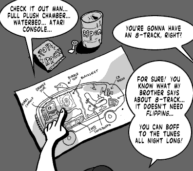 page 004: a hand points at a hand-drawn cutaway blueprint of the van, beside a box of Pop Rocks and a soda can. Peter: “CHECK IT OUT MAN… FULL PLUSH CHAMBER… WATERBED… ATARI CONSOLE…”; friend: “YOU’RE GONNA HAVE AN 8-TRACK, RIGHT?”; Peter: “FOR SURE! YOU KNOW WHAT MY BROTHER SAYS ABOUT 8-TRACK… IT DOESN’T NEED FLIPPING… YOU CAN BOFF TO THE TUNES ALL NIGHT LONG!” Blueprint labels include “BUBBLE TOP,” “BLACKLIGHT,” and “CB RADIO”