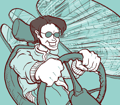 page 008: a grinning young man in sunglasses grips the van’s steering wheel as the scenery blurs past. No text in the image