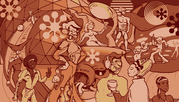 page 009: a crowded party inside a geodesic dome — dancers, nude figures, cocktails, and jetpack riders under starburst decorations. The only lettering is a partly hidden “RADIO” on a console in the crowd