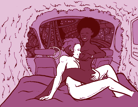 page 010: inside the shag-carpeted van, a couple embraces on the waterbed under the star-filled windshield. No text in the image