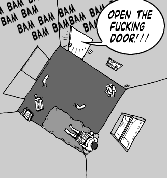 page 017: overhead view of a bare room with Peter lying motionless on a mattress amid scattered junk. Balloon: “OPEN THE FUCKING DOOR!!!”; sound effect: “BAM BAM BAM BAM…”