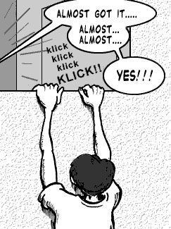page 021: Peter hauls himself up and out through the window. Balloons from the door: “ALMOST GOT IT….. ALMOST… ALMOST….” and “YES!!!”; sound effect: “klick klick klick KLICK!!”